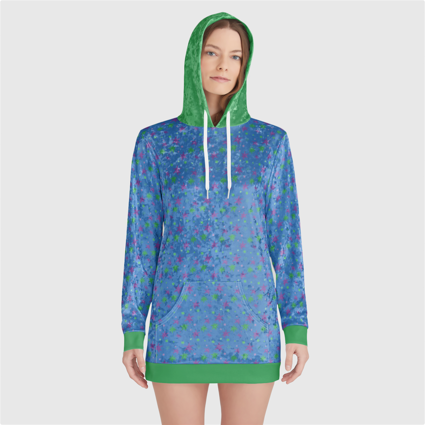 VELVET HOODIE DRESS STAR TRIPPER GREEN